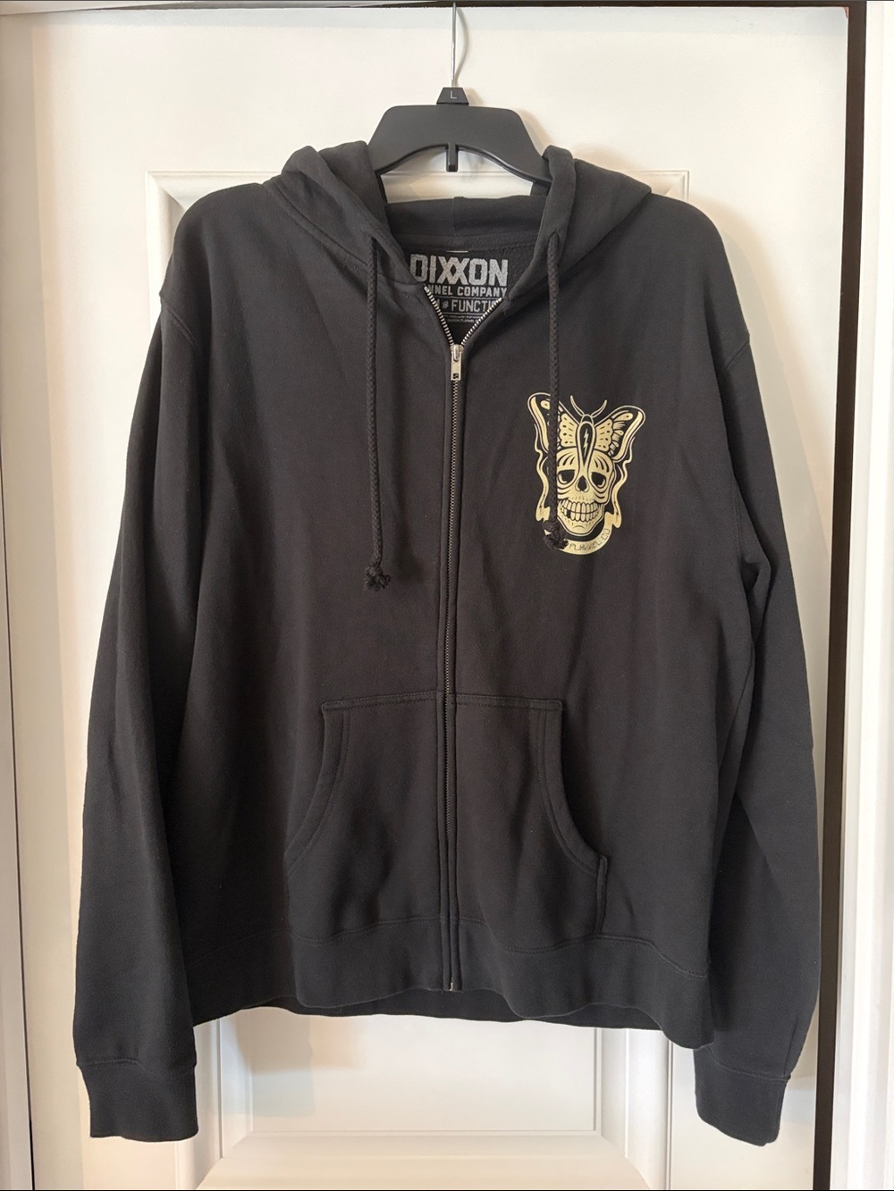DIXXON Women’s Black Zip Hoodie with Butterfly Skull Graphic XL